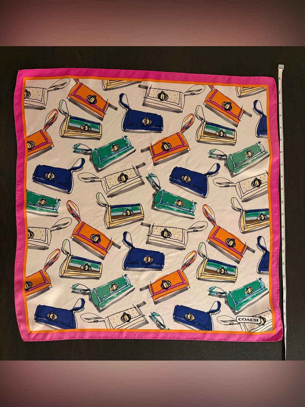 Coach 100% Silk Scarf with Handbag Motif and Pink & Orange Trim - Picture 6 of 7